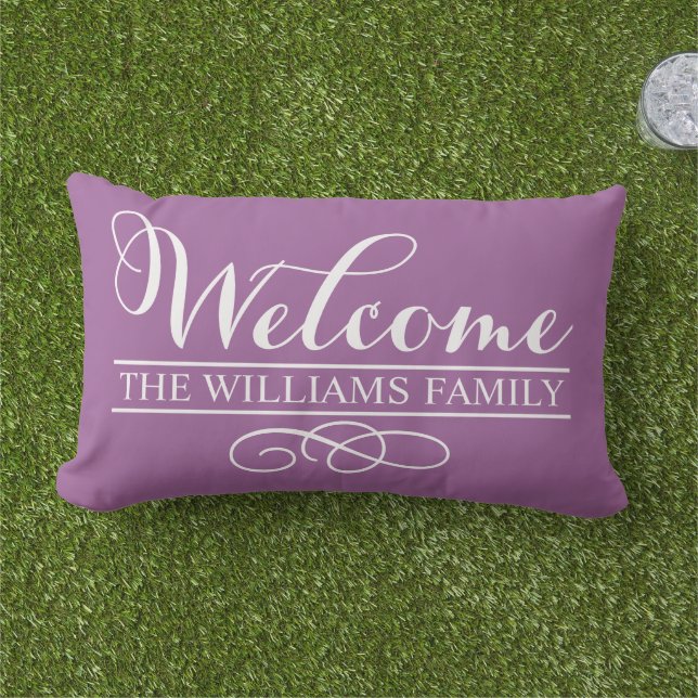 Welcome Violet Purple Custom Last Name Outdoor Cushion (Grass)