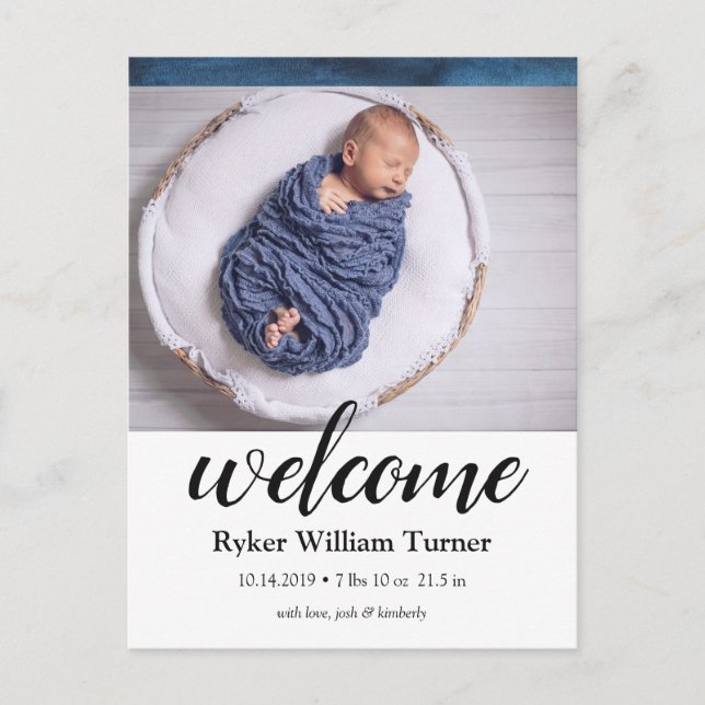 Welcome Watercolor Birth Announcement Postcard (Front)