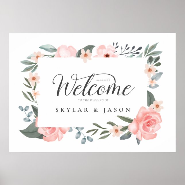 Welcome Watercolor Floral Rose & Foliage Frame Poster (Front)