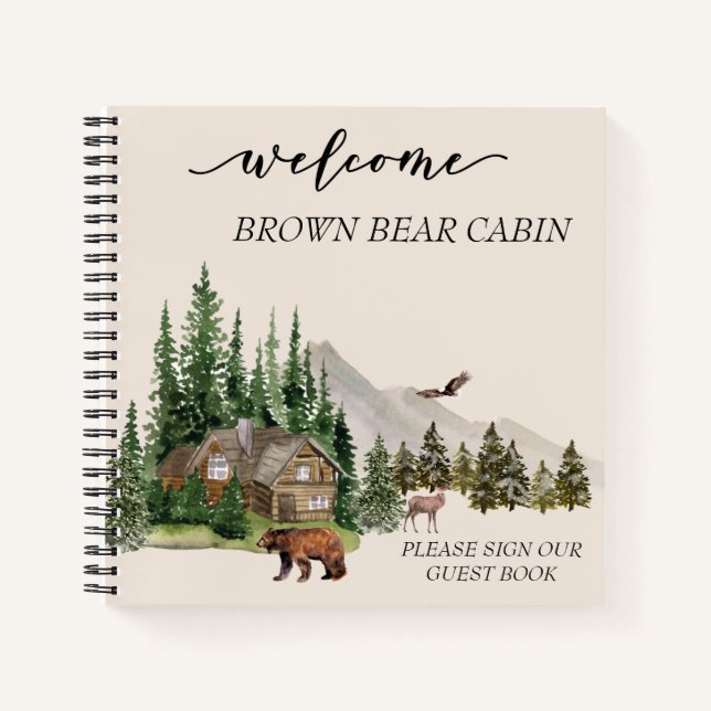 Welcome Watercolor Forest Cabin Home Rental Notebook (Front)