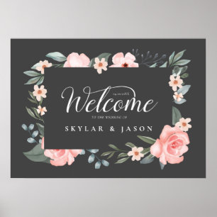 Welcome Watercolor  Rose & Foliage Frame Grey Poster