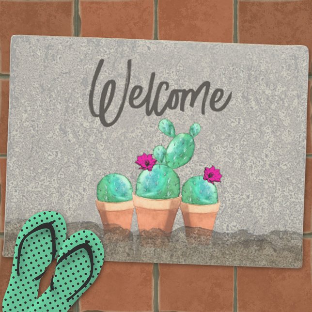 WELCOME Watercolor Southwest Flowering Cactus  Doormat (Creator Uploaded)