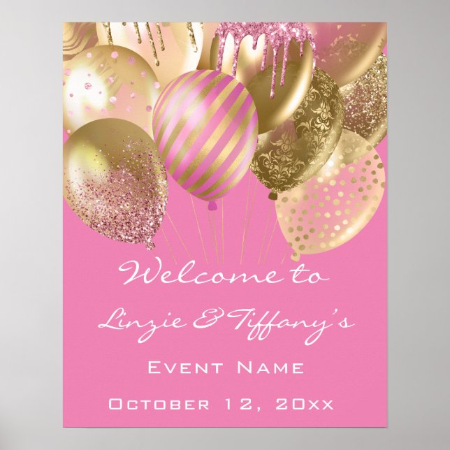 Welcome Wedding Birthday  Pink Gold Ballons Poster (Front)