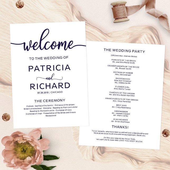 Welcome Wedding Ceremony Program Chic Navy Blue (Creator Uploaded)