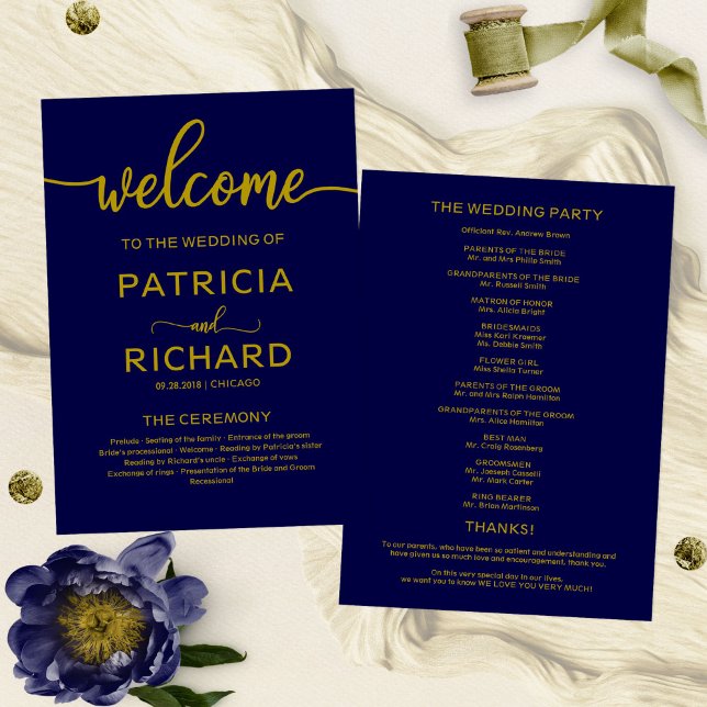 Welcome Wedding Ceremony Program Gold Navy Blue (Creator Uploaded)