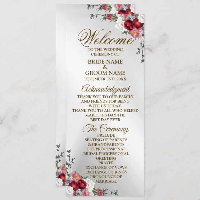 Welcome Wedding Colourful Red White Floral Silver Program (Front/Back)