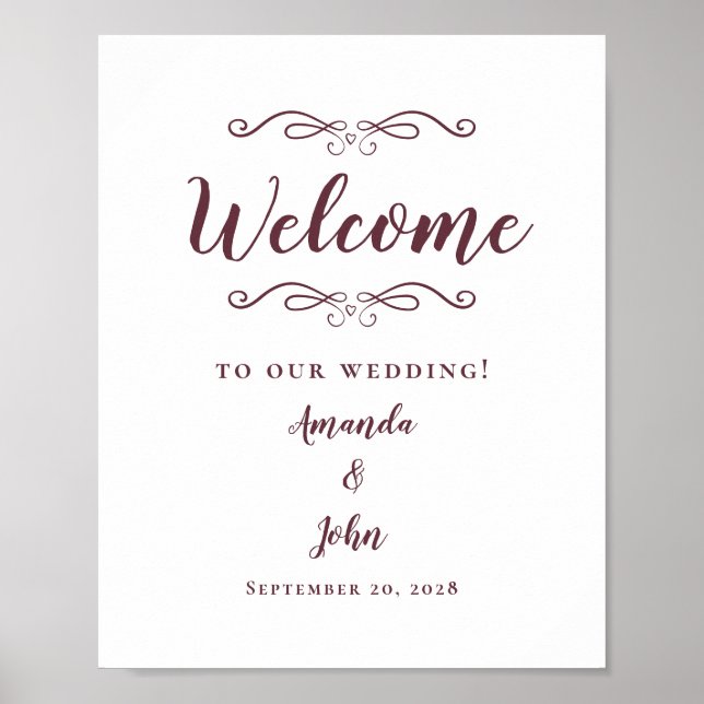Welcome Wedding Elegant Chic Calligraphy Burgandy Poster (Front)
