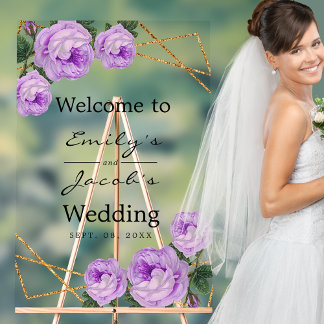 Welcome Wedding Gold Glitter Geo Purple Floral Acrylic Sign