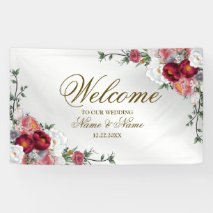 Welcome Wedding Party Colourful Red Floral Silver Banner