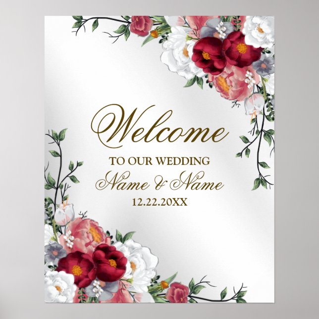 Welcome Wedding Party Colourful Red White Floral Poster (Front)