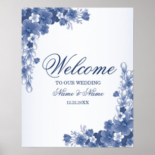 Welcome Wedding Party Floral Blue Rustic Elegant Poster