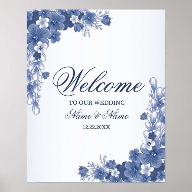 Welcome Wedding Party Floral Blue Rustic Elegant Poster (Front)