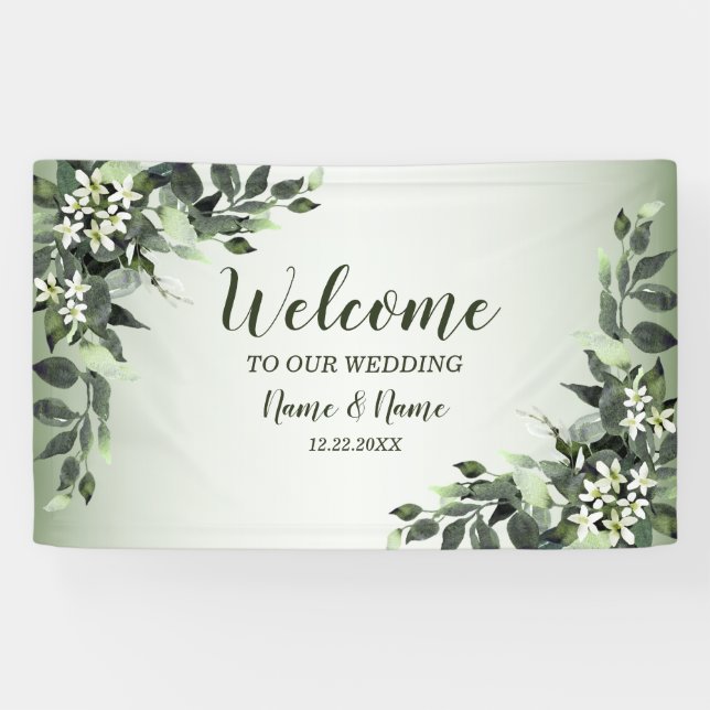 Welcome Wedding Party Greenery Floral Leaves Banner (Horizontal)