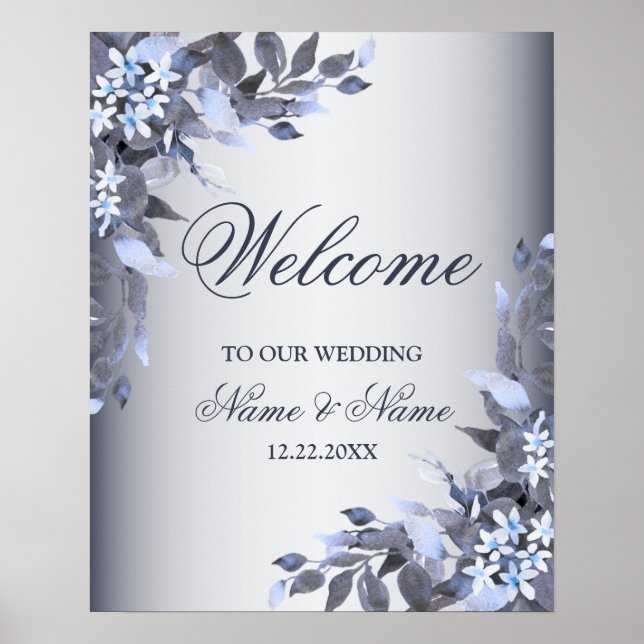 Welcome Wedding Party Navy Blue Floral Modern Poster (Front)