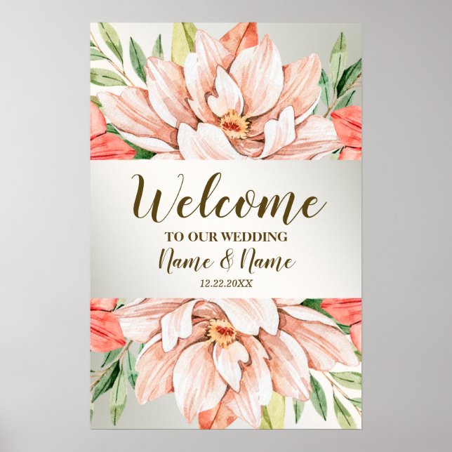 Welcome Wedding Party Peach Orange Flowers Leaves Poster (Front)