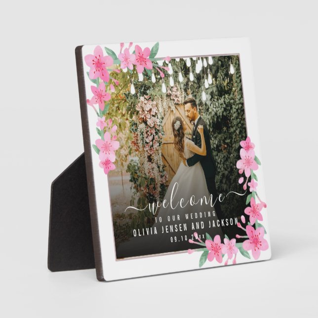 Welcome Wedding Party Pink Floral Frame Plaque (Front)