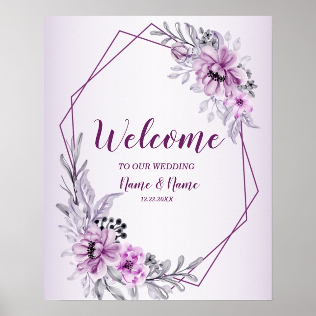 Welcome Wedding Party Pink Floral Violet Purple Poster (Front)