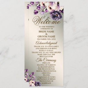 Welcome Wedding Party Purple Pink Flowers Golden Program