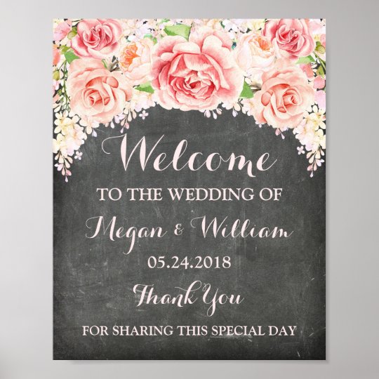 Welcome Wedding Pink Watercolor Flower Chalkboard Poster