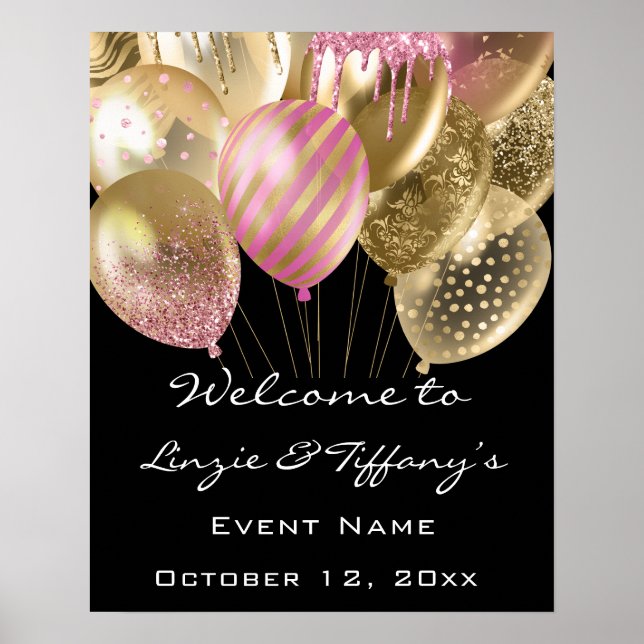 Welcome Wedding Poster  Pink Gold Ballons (Front)