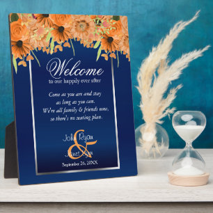 Welcome Wedding Seating- Orange Flowers/ Navy Blue Plaque