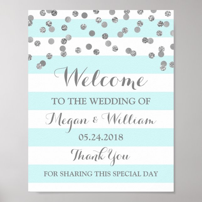 Welcome Wedding Sign Blue Stripes Silver Confetti (Front)