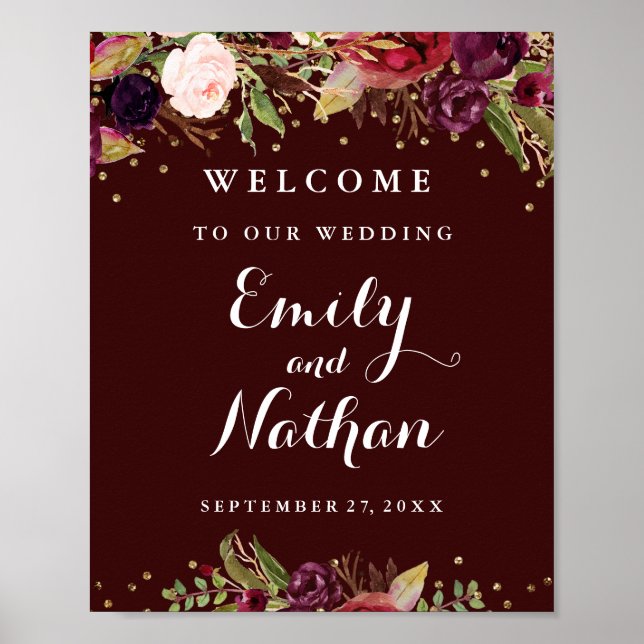 Welcome Wedding Sign Burgundy Gold Floral Fall (Front)