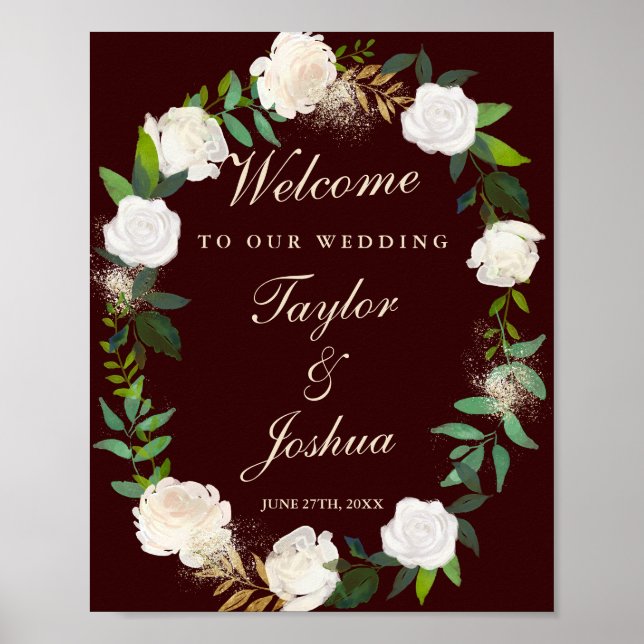 Welcome Wedding Sign Burgundy Gold Watercolor (Front)