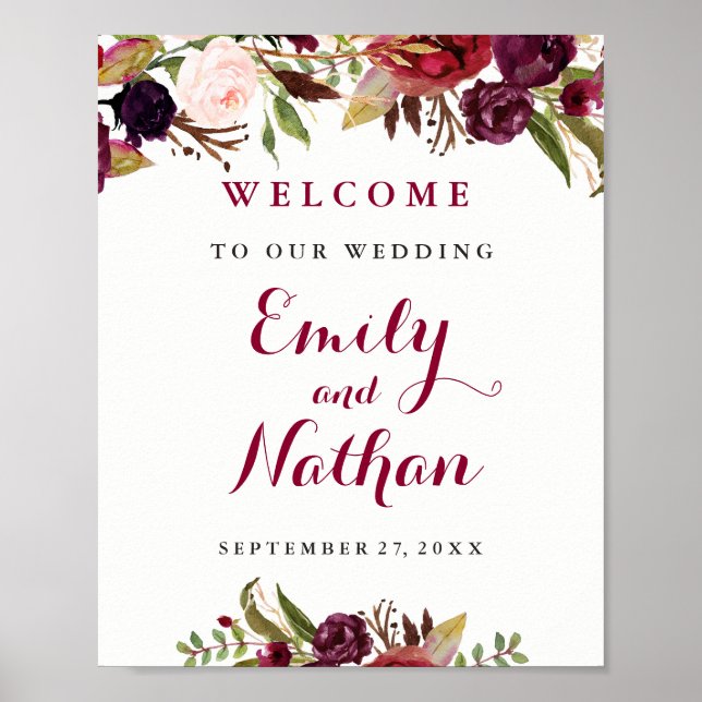 Welcome Wedding Sign Burgundy Red Floral Fall (Front)
