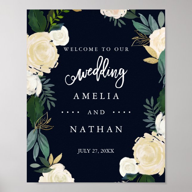 Welcome Wedding Sign Modern Botanical Navy (Front)