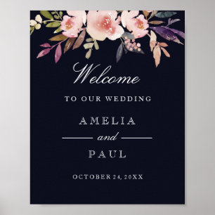 Welcome Wedding Sign Navy Pink Watercolor Peonies
