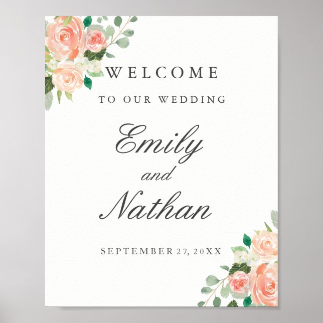 Welcome Wedding Sign Peach Blush Watercolor Floral (Front)