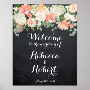 Welcome wedding sign peach ivory floral chalkboard