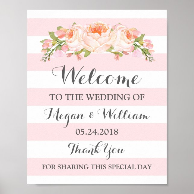 Welcome Wedding Sign Pink Flowers Stripes (Front)