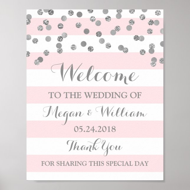 Welcome Wedding Sign Pink Stripe Silver Confetti (Front)