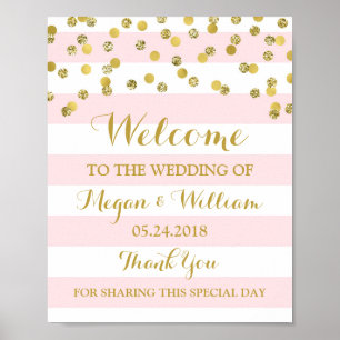 Welcome Wedding Sign Pink Stripes Gold Confetti
