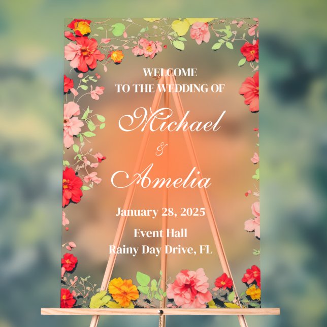 Welcome Wedding Sign red yellow orange pink floral (Neutral)