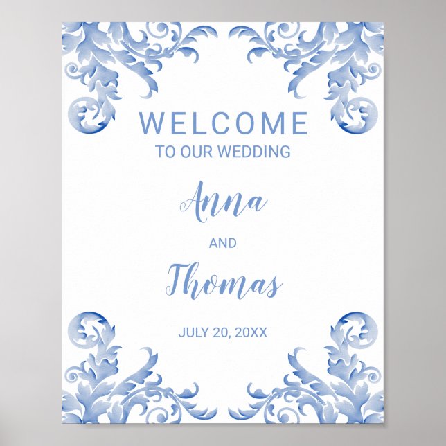 Welcome Wedding Sign Royal Blue Flourish (Front)