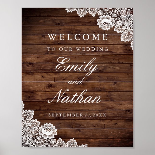 Welcome Wedding Sign Rustic Wood Vintage Lace (Front)