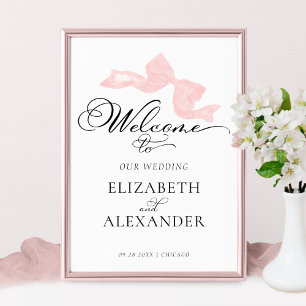 Welcome Wedding Signs   Pink Bow Calligraphy