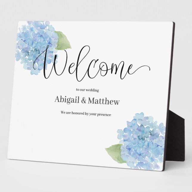 Welcome Wedding Watercolor Blue Hydrangea  Plaque (Side)