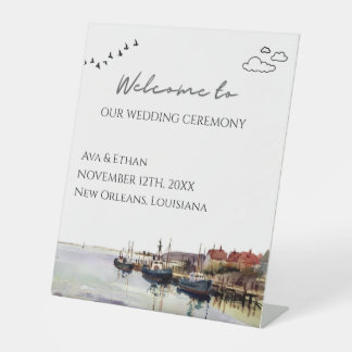 Welcome Wedding Watercolor Seascape Harbour Coasta Pedestal Sign