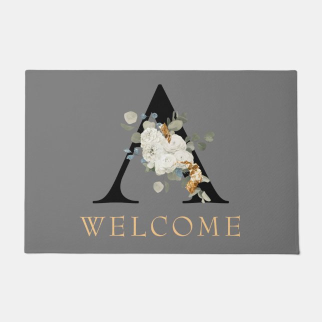 WELCOME White Floral Gold Accents Monogram A  Doormat (Front)