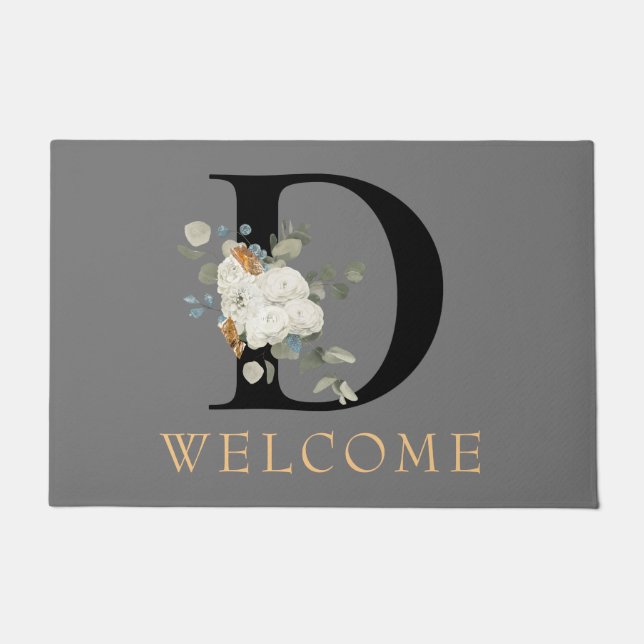WELCOME White Floral Gold Accents Monogram D Doormat (Front)