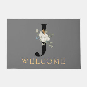 WELCOME White Floral Gold Accents Monogram J Doormat