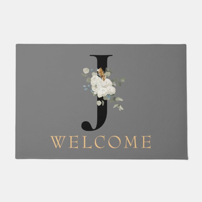 WELCOME White Floral Gold Accents Monogram J Doormat (Front)