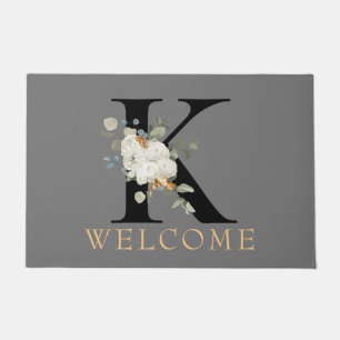 WELCOME White Floral Gold Accents Monogram K Doormat