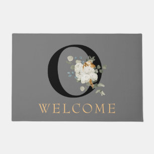 WELCOME White Floral Gold Accents Monogram O Doormat