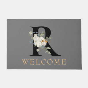 WELCOME White Floral Gold Accents Monogram R Doormat