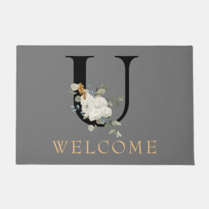 WELCOME White Floral Gold Accents Monogram U Doormat